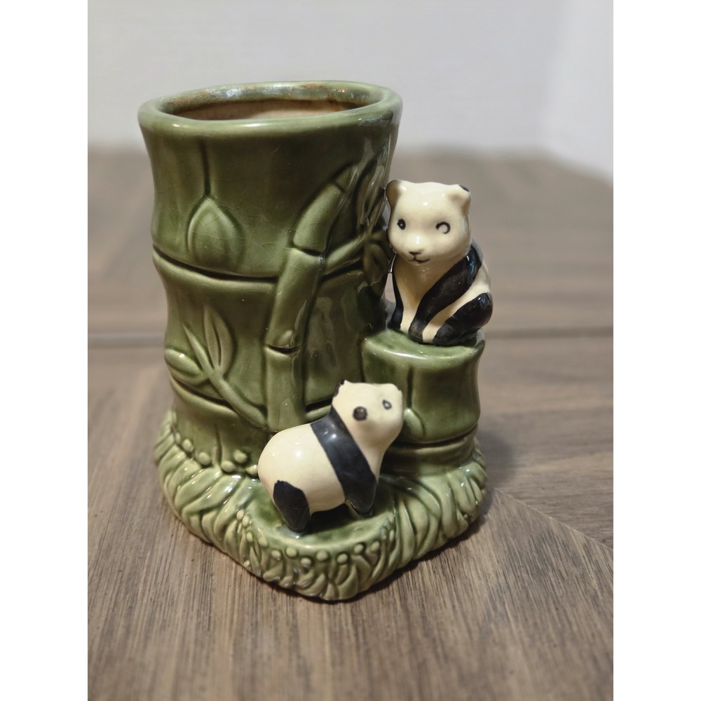 vintage green glazed ceramic bamboo vase featuring two climbing panda bears